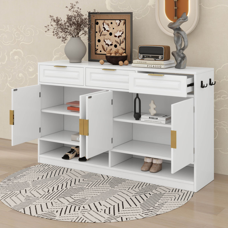 Farmhouse Style Sideboard Buffet With 3 Drawers & 4 Doors, Adjustable Shelf & Open Display Compartments, White