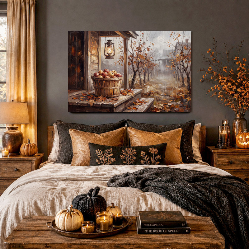 Panier de pommes et lanterne sur le porche - Tableau sur toile pour l'Halloween, H 16 po x l 24 po