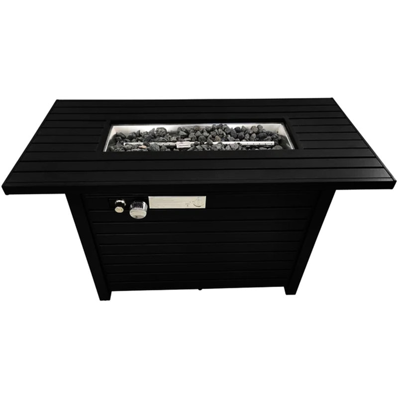 24" H Steel Propane Fire Pit Table For Outdoors - Black, Construction, Slatted Base, Lid, Cover, Lava Rocks, Glass Beads, Adjustable Flame, Deck Compatible Outdoor With Powered, Weather , Approved