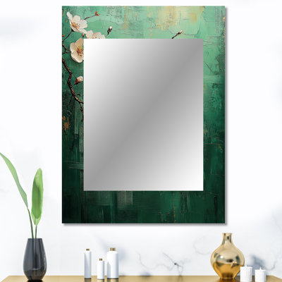 Fleur de cerisier dans les tons de vert et de blanc - miroir mural fleur de cerisier, miroir décoratif traditionnel, impression d'art en métal