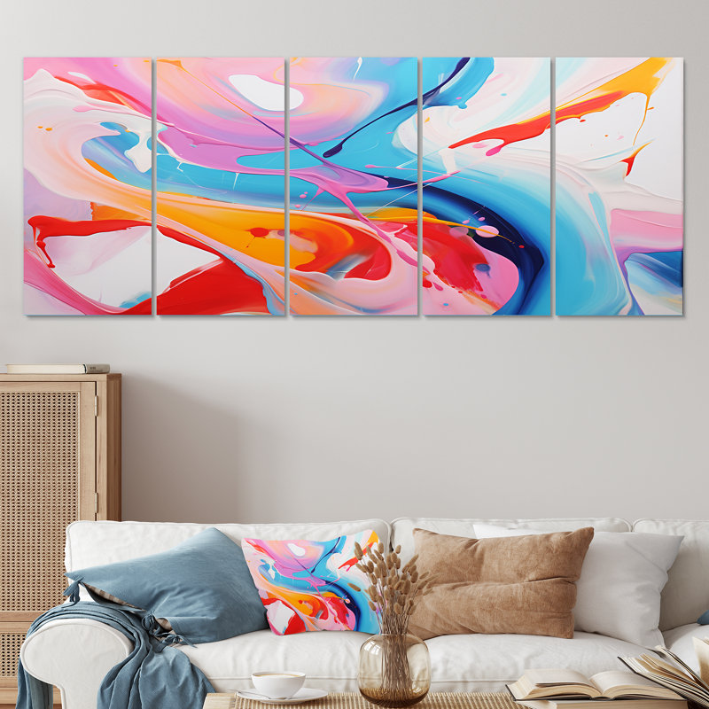 «Blue An Pink Paint Storm IV», art mural abstrait à l'encre liquide 5 pièces, H 32 po x l 80 po