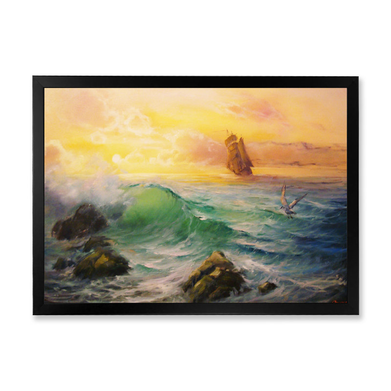 Coucher de soleil sur un bateau colonial, Impression noire sur toile encadrée, H 8 po x l 12 po x P 0,1 po