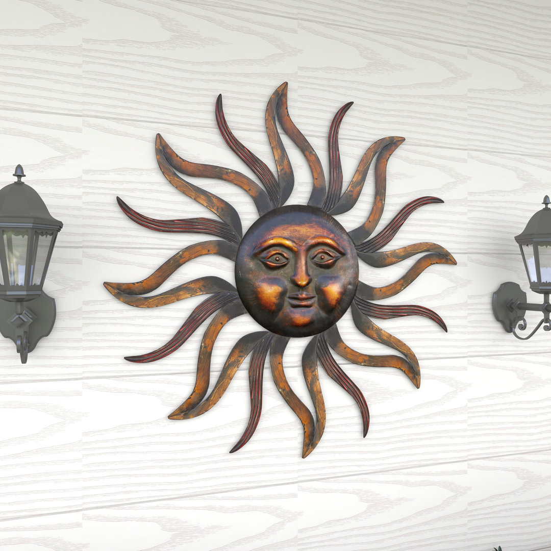 Metal Sun Home Wall Decor with Distressed Copper Like Finish Fleur De Lis Living