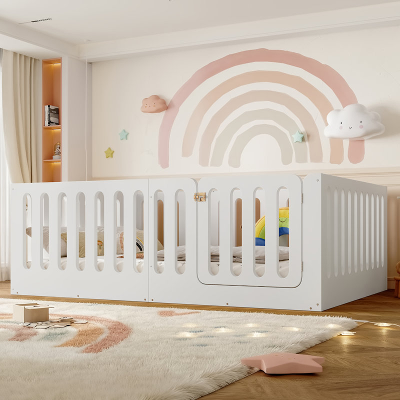 Cadre de lit double en bois pleine grandeur avec porte Montessori, pour filles et garçons, lit de style moderne à profil bas avec haute clôture, assemblage facile, aucun sommier requis, pour la chambre à coucher, blanc