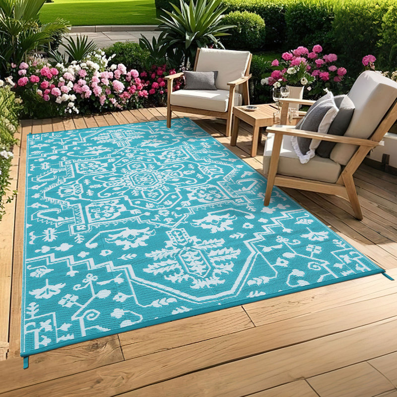 Waterproof Reversible Outdoor Rug 9x12ft – Lightweight UV Resistant Plastic Straw Patio Mat – Vintage Boho Floral Carpet for Backyard, Deck, Picnic, Camping, RV, Poolside – Light Blue/White, USA