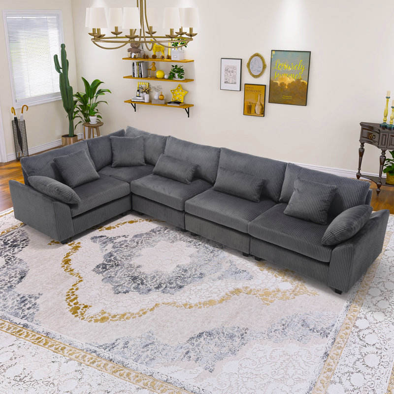 Wartow 5 Piece Corduroy Modular Sectional, RAF, LAF, Symmetrical, Dark Gray Corduroy