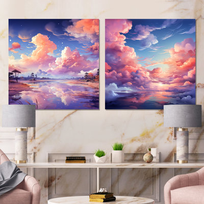 «Pink and Blue Calm Aquarelle Sky I» - Ensemble de 2 décorations murales en métal