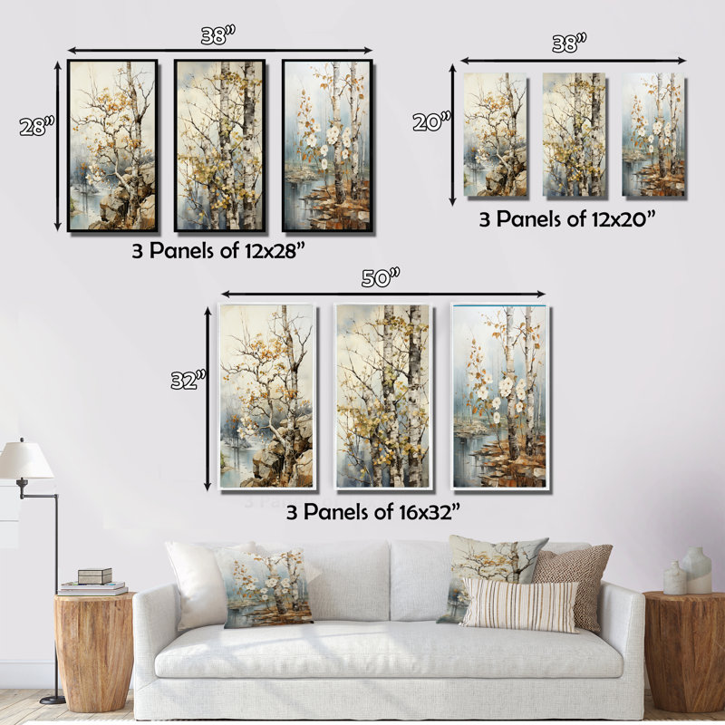 3 pièces sur toile - Sycamore symphonique arbre gris beige, Cadre noir, H 40 po x l 60 po