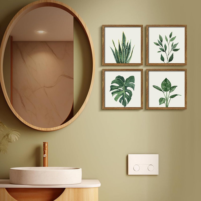 Ensemble de 4 encadrements de salle de bain encadrés pour la décoration murale de plantes vertes