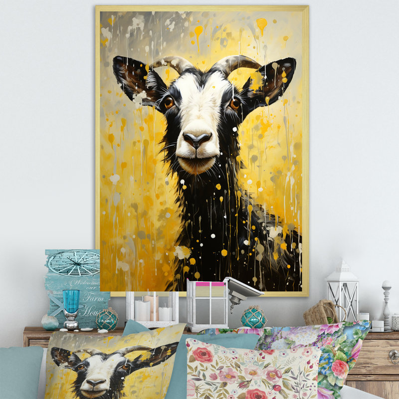 Portrait de chèvre jaune Popart I sur toile, H 20 po x l 12 po x P 1 po, Encadrement doré