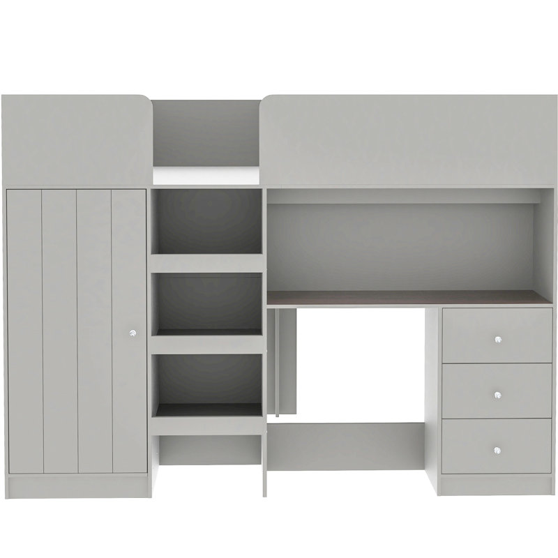 Lit mezzanine double en gris avec garde-robe intégrée, bureau et rangement - Bureau pratique en bois, tablettes et tiroirs