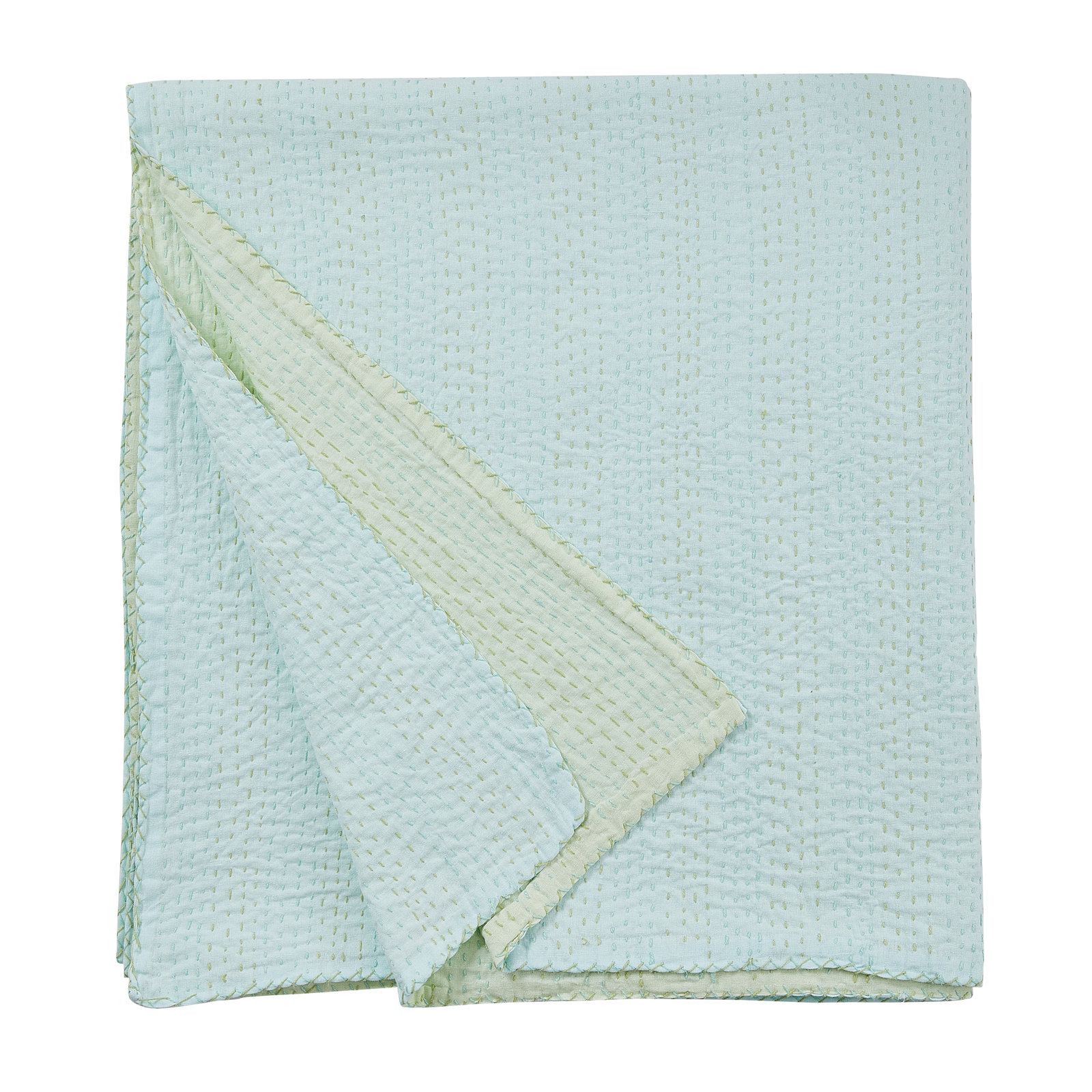 Soild Kantha Cotton Coverlet Set, King Coverlet, Teal