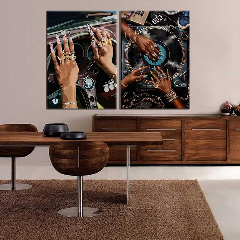 2Pcs Black Woman DJ Wall Art Trendy Black Girl Posters Prints Abstract African American Woman Painting Pictures Boho Black Female Canvas For Home Livi