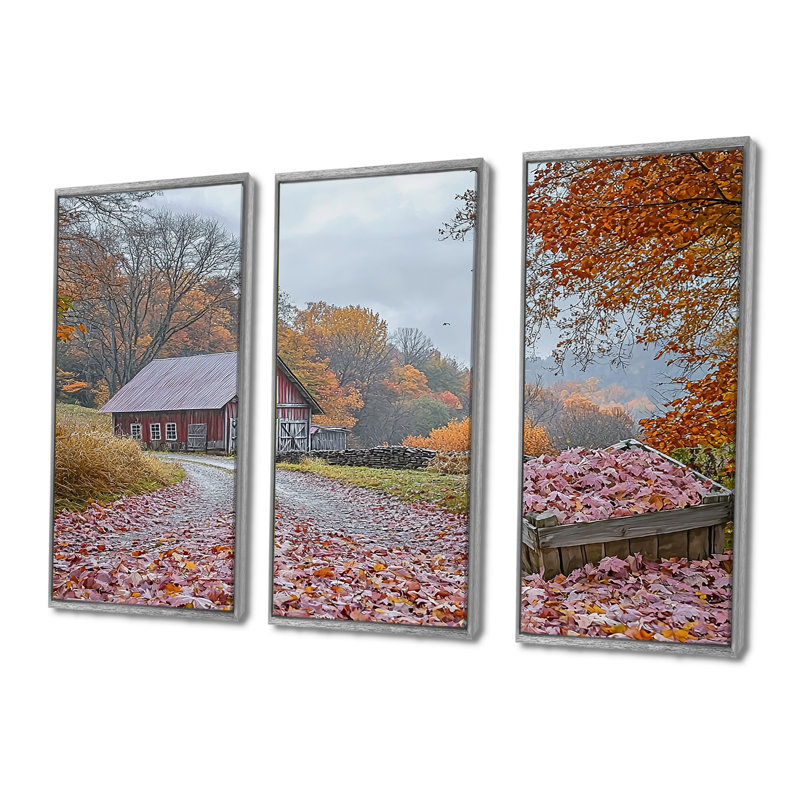 «Red Farm Landscape Autumn Harvest - Ensemble de salon d'art mural de ferme, Toile argentée avec cadre flottant