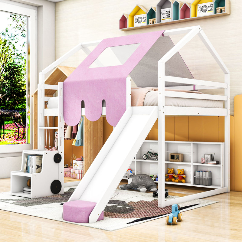 Artia Playful Loft Bed With Slide, Staircase, Full, White/Pink