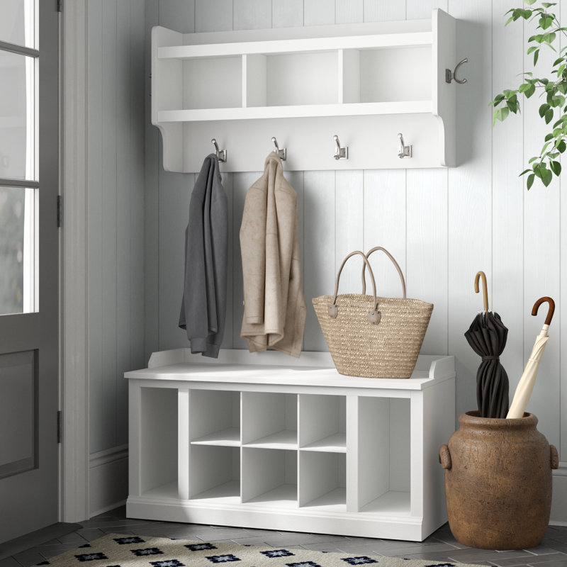 Nara Hall Tree with Shoe Storage and Shelves, White Ash