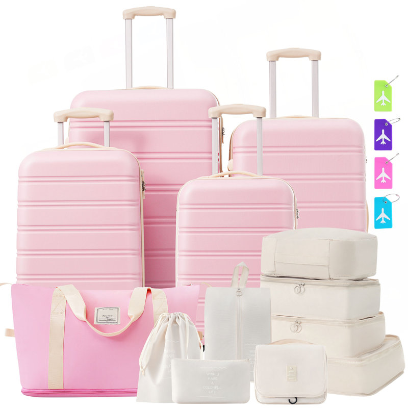 Valise Hardshell 4 pièces + valise à roulettes avec verrou TSA - Bagages légers de 16 po + 20 po + 24 po + 28 po, Rose clair