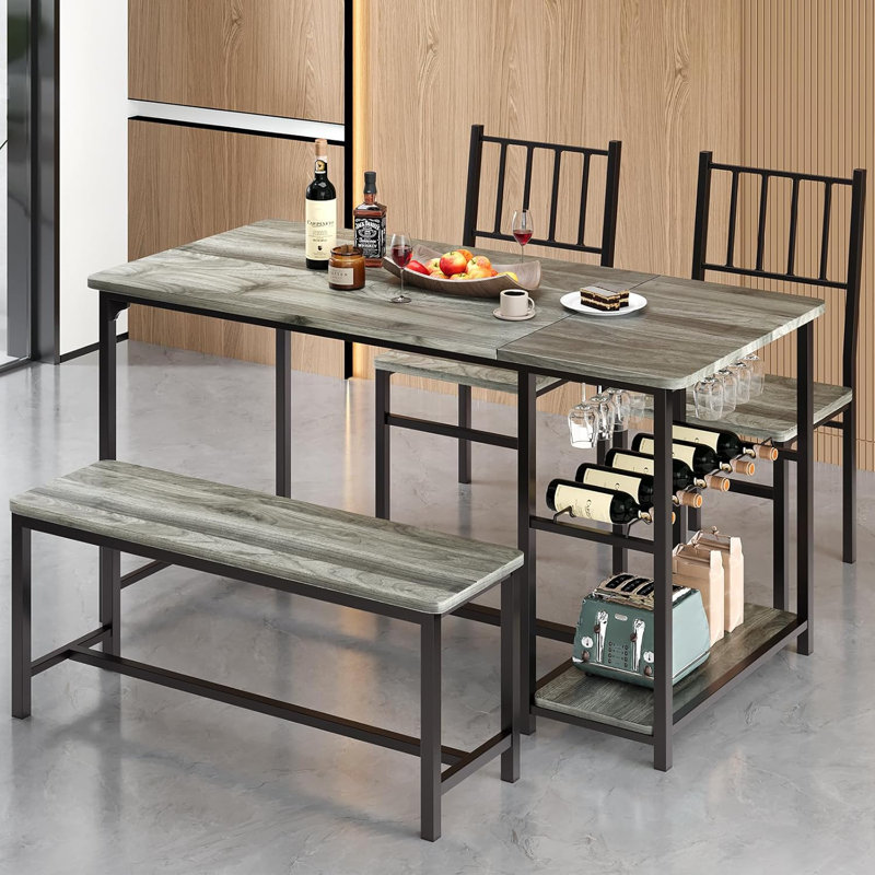 Dining Room Table Set for 4, 55" Kitchen Table Set with Storage Shelf, Wine Rack & Wine Glasses Holder, Gray