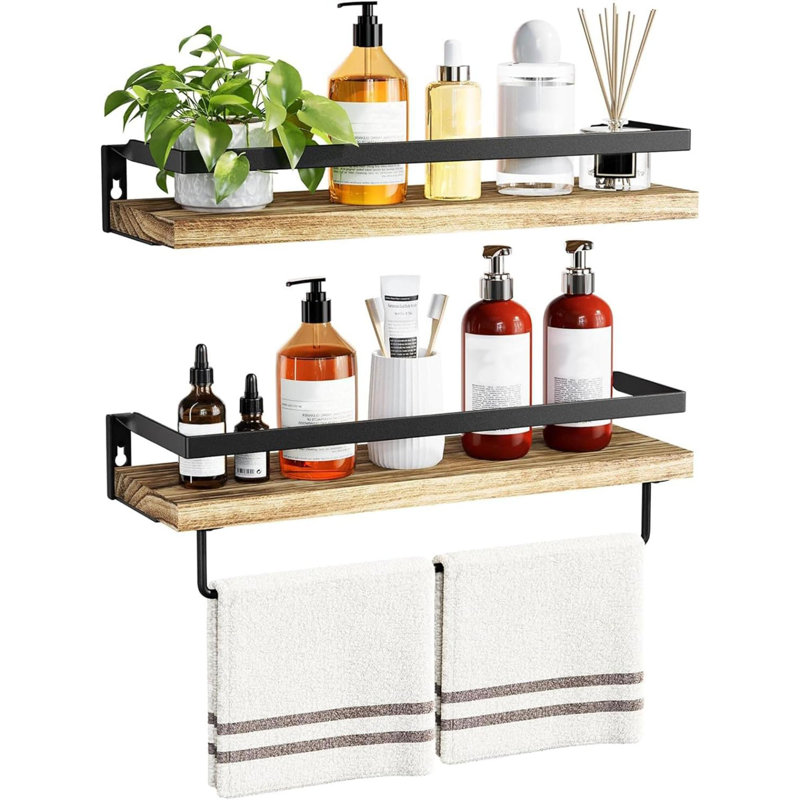 2 Piece Wall Shelves for Bathroom, Kitchen, Bedroom, Bathroom Shelf with Towel Bar, 5.12" H x 16.54" W x 4.72" D, Brown