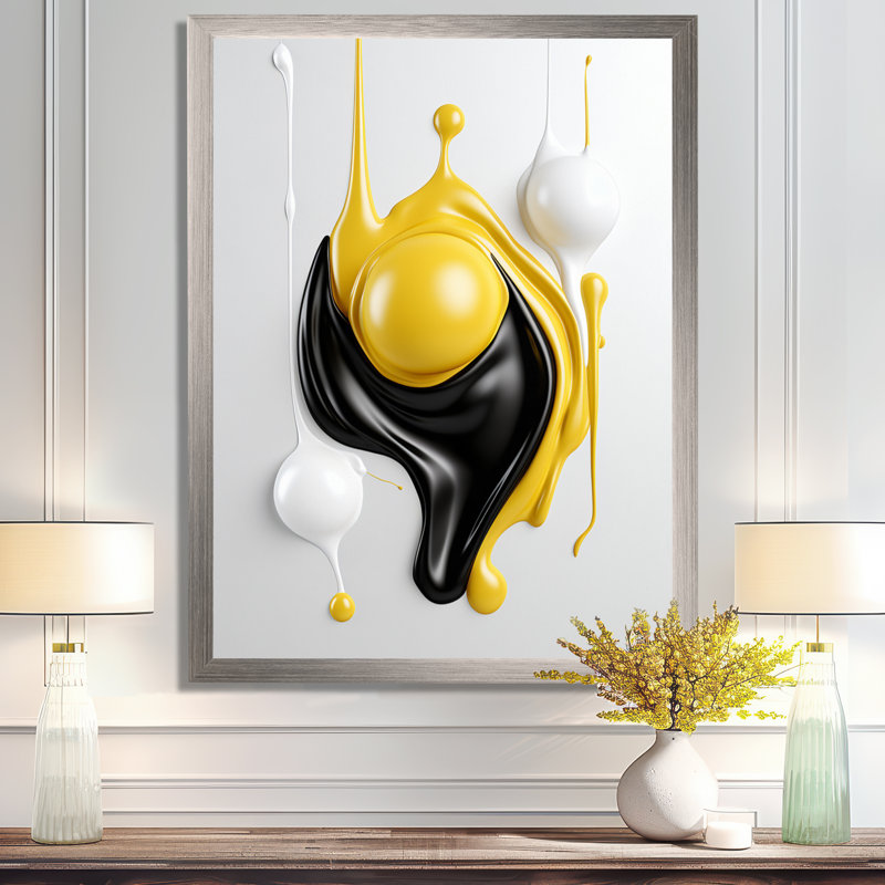 Art liquide sur toile, abstrait liquide noir et blanc I, H 32 po x l 24 po x P 1 po, Cadre simple argenté