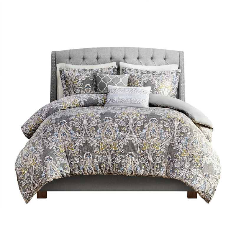 Housse de couette en coton gris double / grand - 5 pièces avec taies décoratives et coussins décoratifs