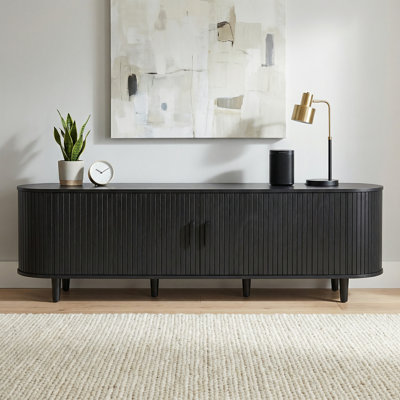 70” Mid Century Modern TV Stand With Storage & Shelves To Fit Up To 75" Tvs, Wood Media Console Tambour Door Entertainment Center Midnight Black