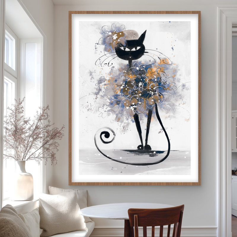 Dessin de chat noir - reproduction encadrée avec passe-partout pour la décoration intérieure, Brun