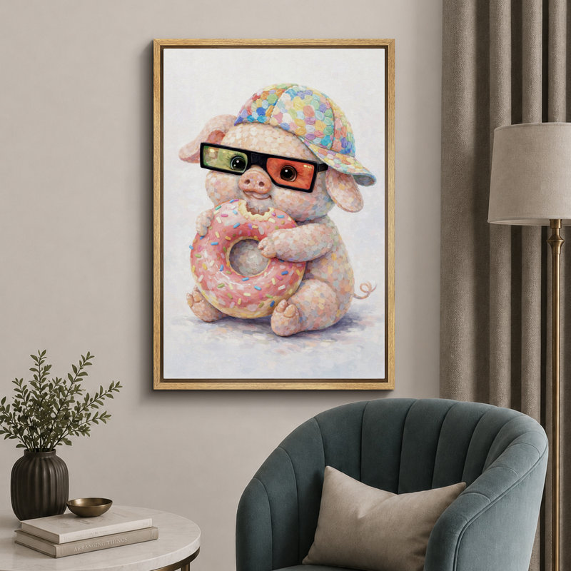 «Cute Pig With Donut», image de chambre d'enfant, impression sur toile encadrée, H 36 po x l 24 po x P 1,5 po, Cadre naturel