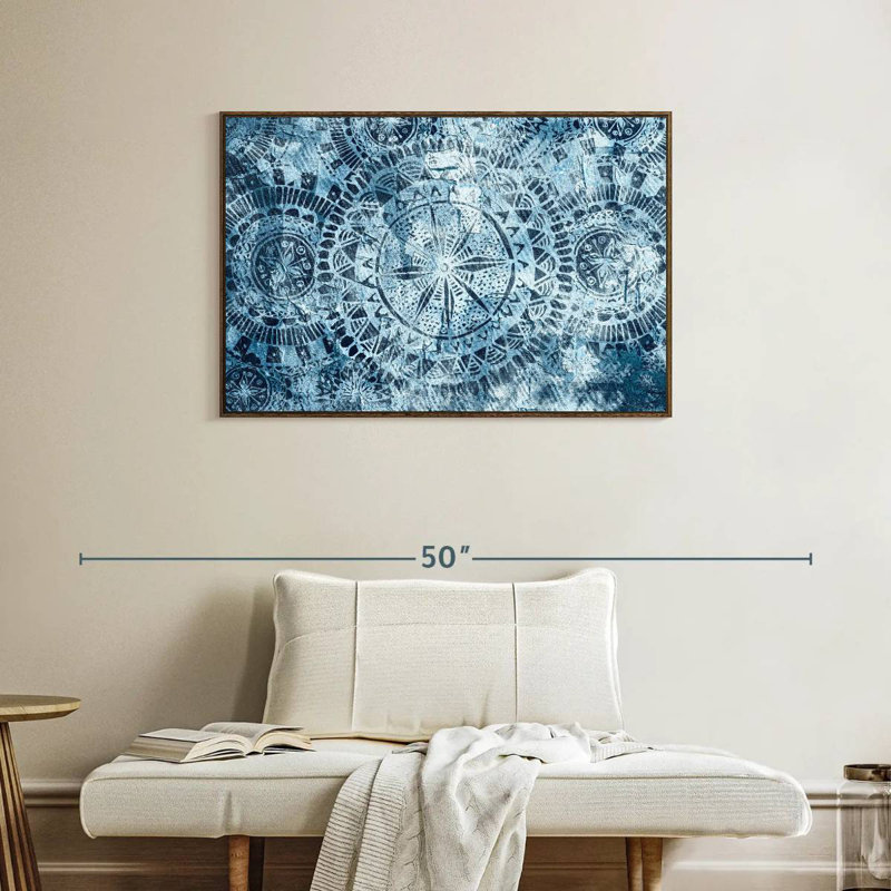 Mandalas tribaux bleus, 37 po x 25 po, Cadre flottant en noyer