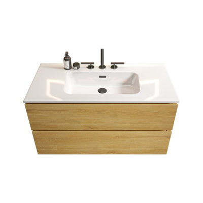 Meuble-lavabo en chêne naturel avec lavabo en céramique - Lavabo mural 36 po