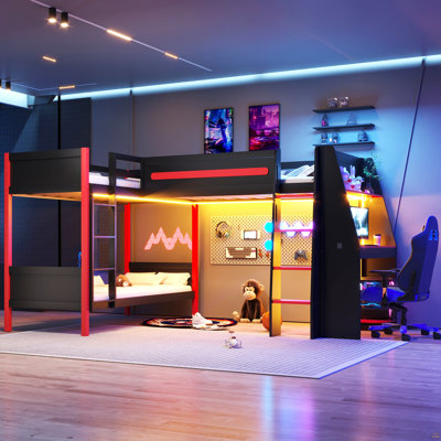 Lit superposé simple en L avec lit mezzanine simple et bureau intégré