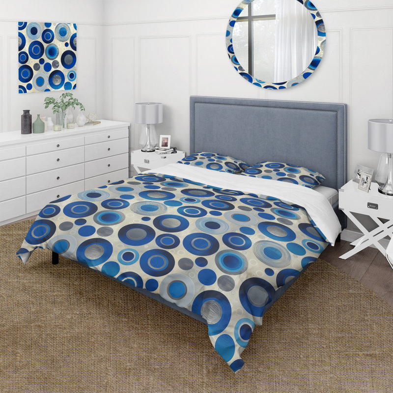 Ensemble de housse de couette rétro bleu gris Midcentury Circles II - Midcentury