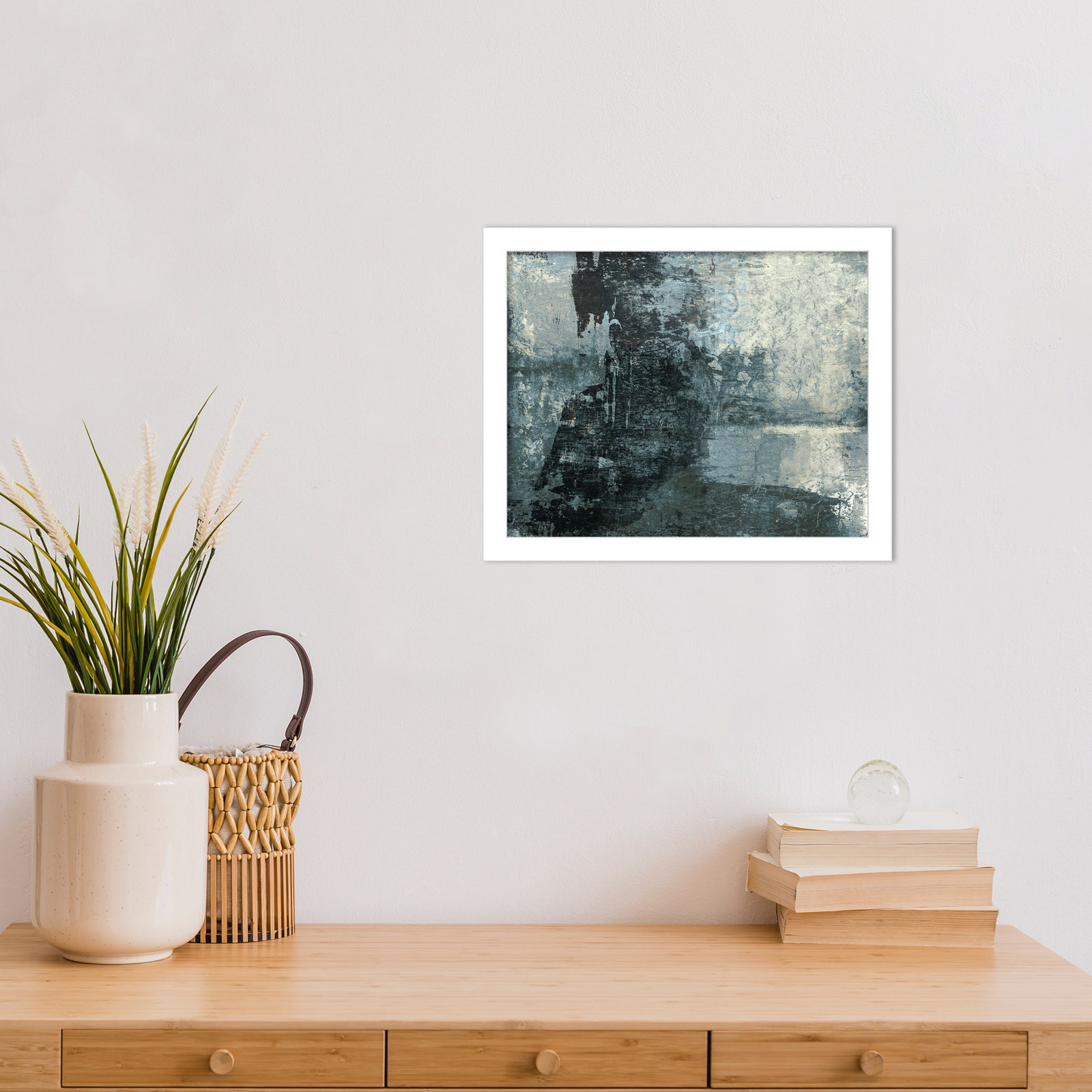 Black and Grey and Blue III by Fresno Wood Framed Wall Art Print, 11" H x 13" W, White