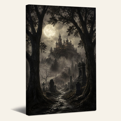 " Gothic Castle On Hill With Full Moon And Misty Halloween " Painting Print