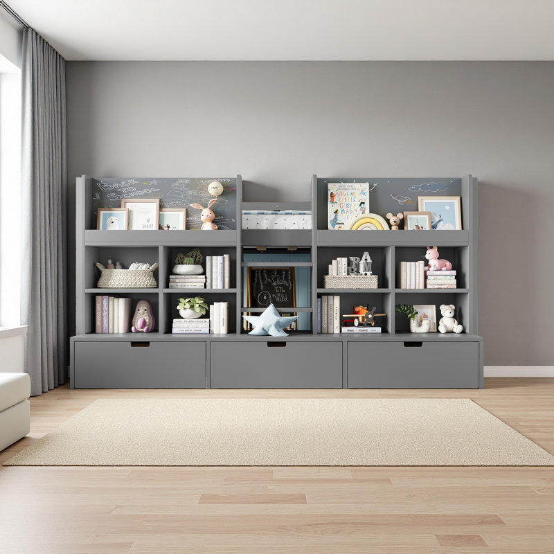 Lit mezzanine avec tablettes et rangements multiples, Lit simple, Gris