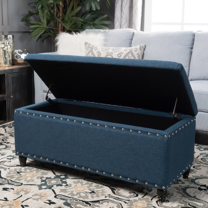 Tissu bleu marine avec pieds en bouleau brun foncé pour coffre de rangement de l 42,11 po x P 18,76 po et H 18,76 po