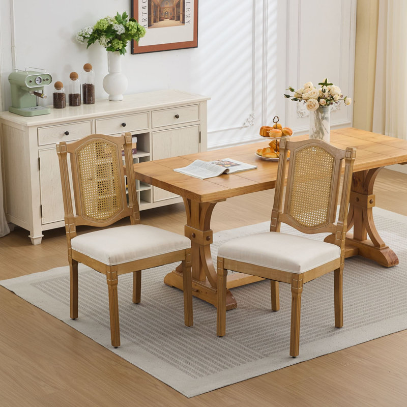 Ensemble de 4 chaises de salle à manger en bois à dossier en rotin, coussin en lin mat avec mousse à haute résilience et ressorts en S
