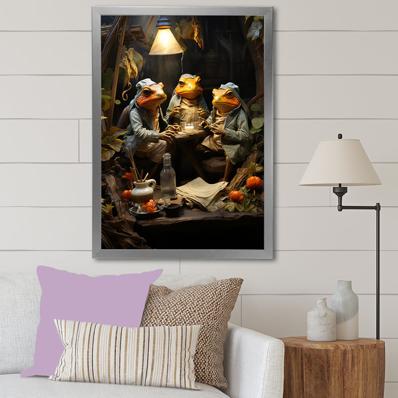 Grenouille, monarchie I sur toile, H 32 po x l 24 po x P 1 po, Cadre simple argenté