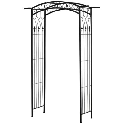 Treillis d'arche de jardin en métal noir de 7 pi avec volutes décoratives et barres de soutien d'extension supérieure, tonnelle en métal thermolaqué toutes saisons pour vignes grimpantes, cérémonie de mariage et décoration de jardin