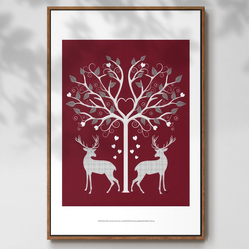 Christmas Des - Deer and Heart Tree, gris sur fond rouge, reproduction sur toile, H 37 po x l 25 po x P 1,5 po, Noyer