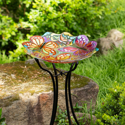 Butterfly Hand Painted & Sculpted Edge Glass Birdbath, 18in