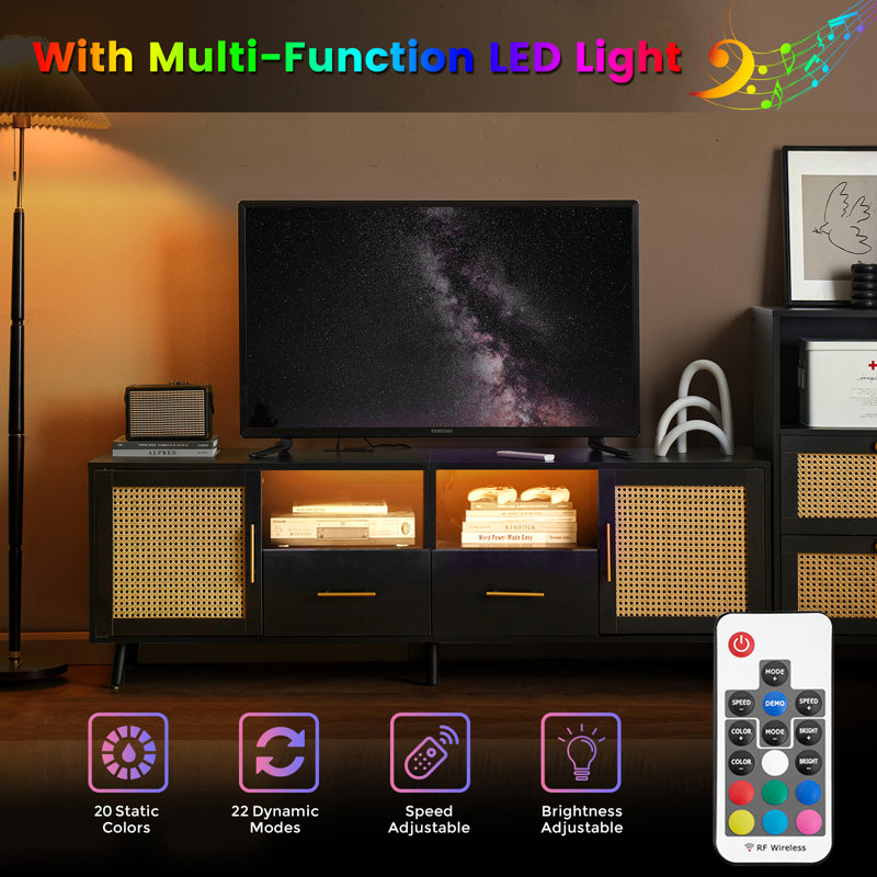 Black Wood and Rattan TV Stand with RGB Lights