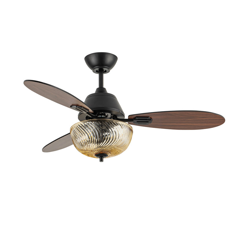 42"W Cecily LED Indoor Amber Swirl Hand-Cut Glass Ceiling Fan With Remote Control, Black