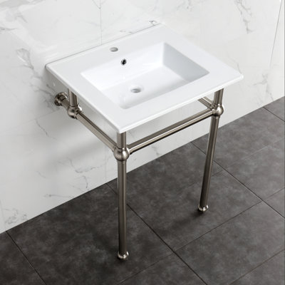 Évier de console Kingston KVBH25227W4B8 Addington 25 po avec pieds en laiton (4 pouces, 3 trous), blanc / nickel brossé Kingston