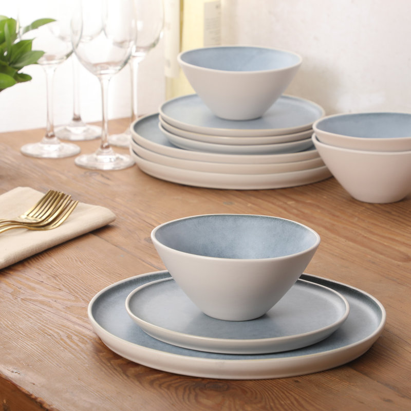 Ensembles d'assiettes et de bols Gibson Elite Coastal Forest, ensembles de vaisselle en grès 12 pièces, ensemble de plats à triple glacis réactif - bleu et blanc crème