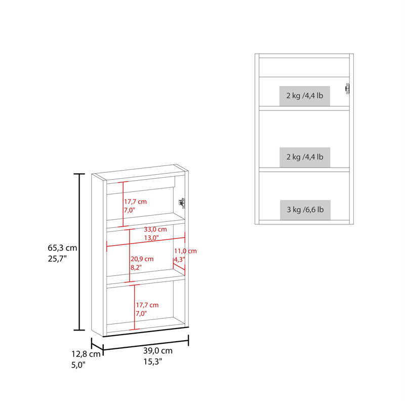 Armoire à pharmacie 15,7 "à miroir, une porte avec trois tablettes intérieures pour la salle de bain et la cuisine, Blanc