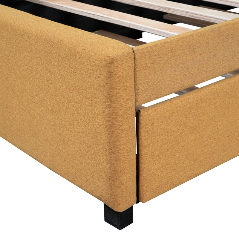 Lit de jour rembourré de conception classique avec lit gigogne, taille simple, tissu en lin de couleur jaune, sans sommier