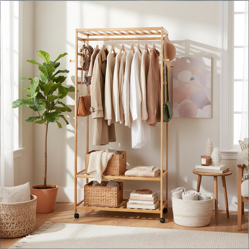 Liev 30.7'' Bamboo Rolling Clothing Rack, Natural