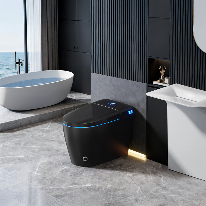 Toilettes intelligentes noires BCANHOME avec bidet avancé et couvercle à ouverture automatique, consommation d'eau de 1000 g, siège chauffant à fermeture douce, double chasse d'eau automatique de 1,28 gallons, fonction massage nettoyante, lavage/séchage à eau chaude, télécommande