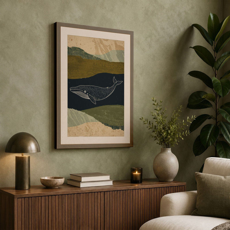 Whale and Mountain Coastal - Wrapped Canvas, 18x12 - 45.7 x 30.5 cm, Sage Border
